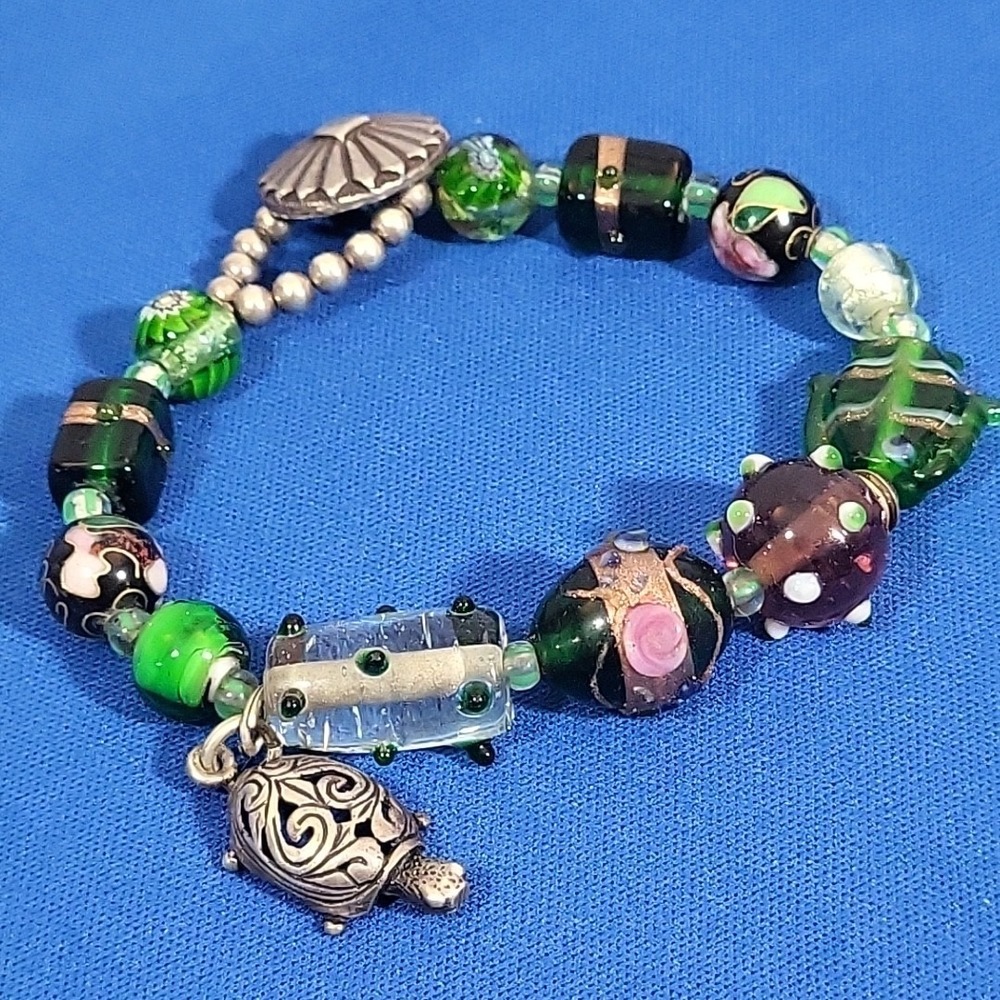 Art Glass‎ Beaded Turtle Charm Bracelet Boho Ethereal One Of A Kind Handmade